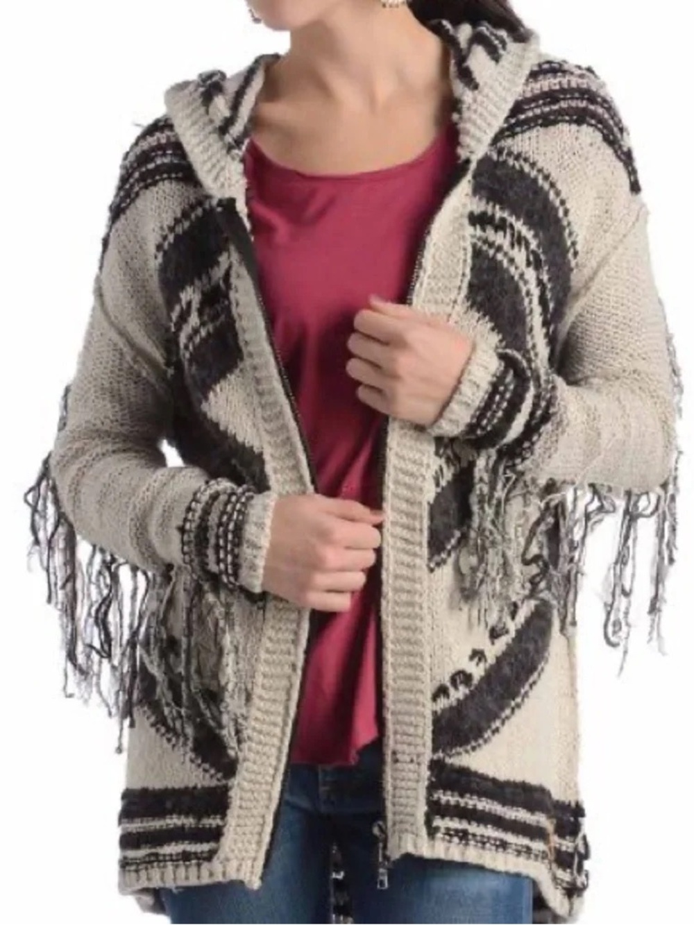 Free People Show Me The Way Hooded Zip Sweater Duster Cowichan inspired Size S